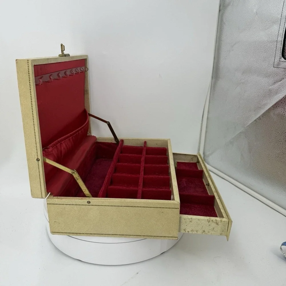 Vintage Mele Jewelry Box 1 Drawer Red Velvet and satin-Faux cream leather w/gold
